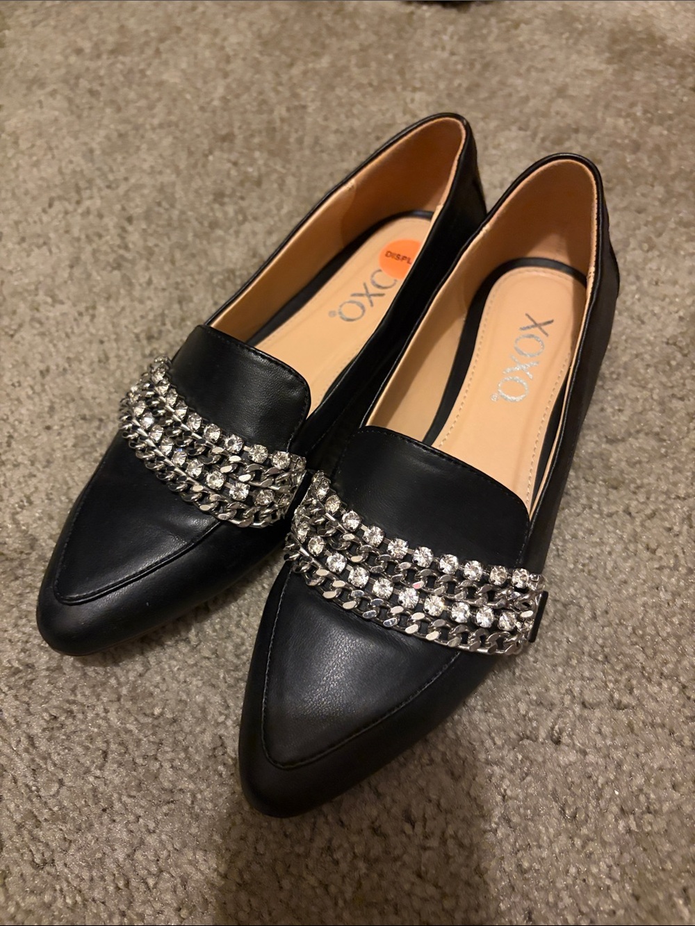 XOXO Black Pointed Toe Loafers with Rhinestone Chain